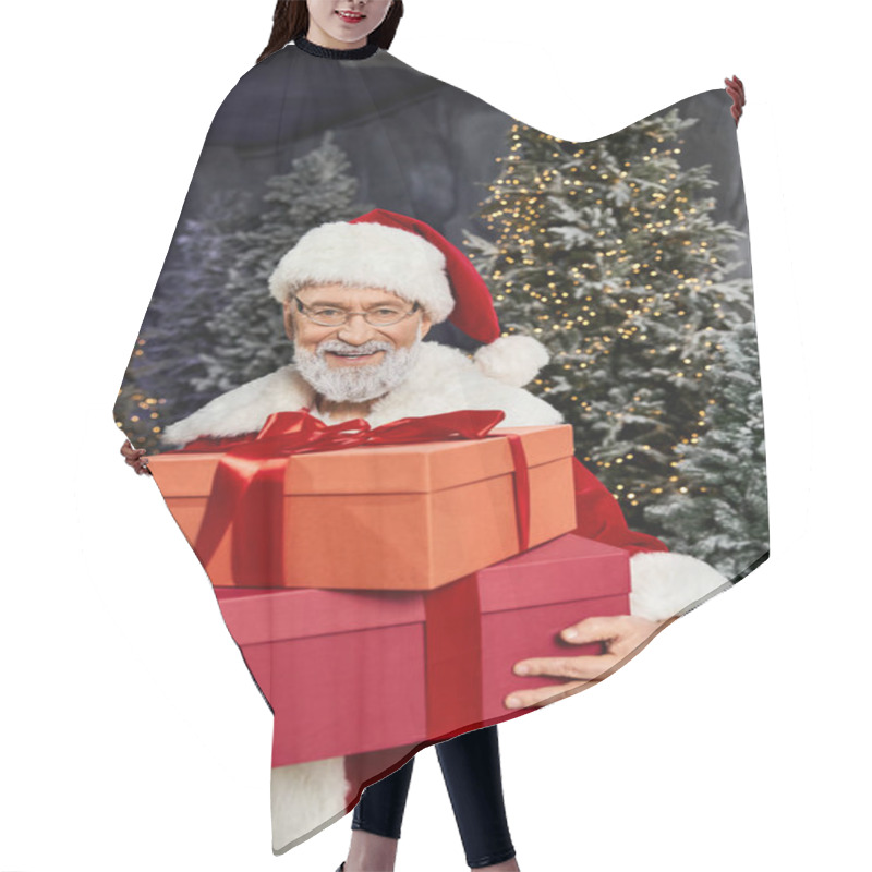 Personality  A Cheerful Santa Claus Holds Vibrant Gift Boxes Surrounded By Festive Trees In Winter Joy. Hair Cutting Cape