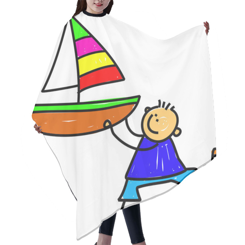 Personality  Little Boy Holding A Large Toy Boat. Hair Cutting Cape