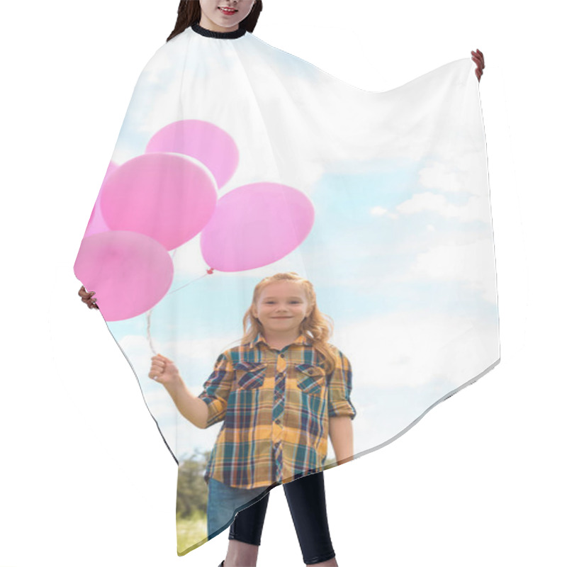 Personality  Portrait Of Cute Child With Pink Balloons In Summer Field With Blue Cloudy Sky On Background Hair Cutting Cape