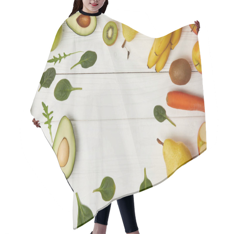 Personality  Top View Of Fruits And Vegetables On Wooden Background With Copy Space Hair Cutting Cape