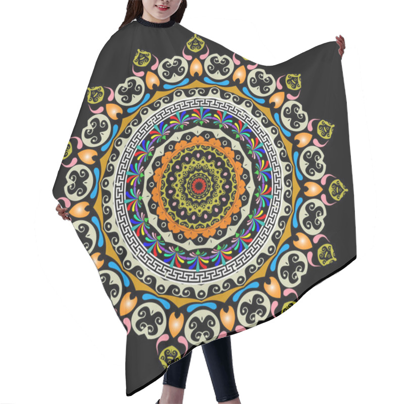 Personality  Colorful Round Greek Mandala Pattern. Ornamental Floral Background. Ethnic Style Circle Beautiful Paisley Flowers Ornament With Geometric Shapes, Wave Lines, Greek Key Meanders. Luxury Ornate Design Hair Cutting Cape