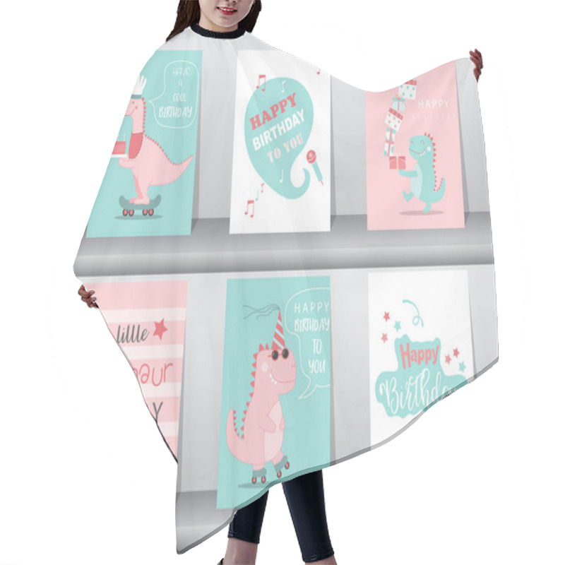 Personality  Set Of Cute  Birthday Cards,poster,template,greeting Cards,animals,dinosaurs,Vector Illustrations. Hair Cutting Cape