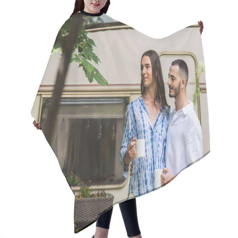 Personality  Cheerful Gay Couple Holding Cups Of Coffee While Standing Near Travel Van In Summer Hair Cutting Cape