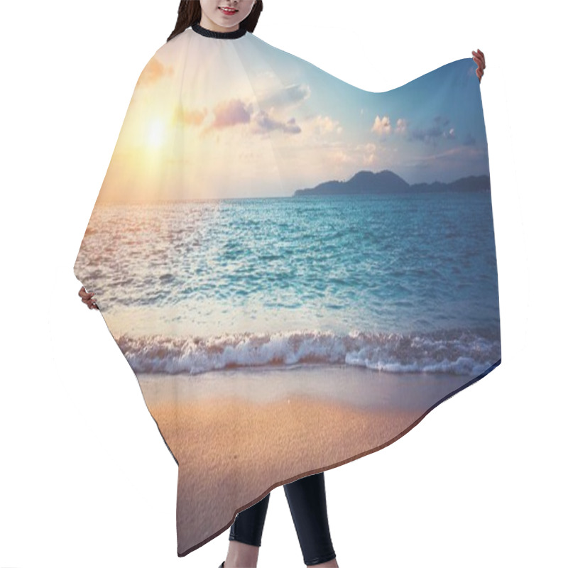 Personality  A Breathtaking Sunset Casts A Golden Glow Across A Serene Beach, With Gentle Waves Lapping The Sandy Shore And Distant Islands Silhouetted Against The Colorful Sky. Hair Cutting Cape