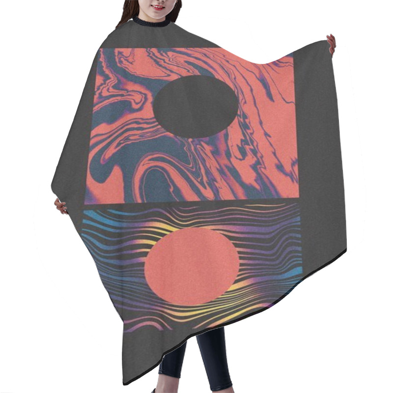 Personality  Retro Future Space Nostalgia Fluid Marble Abstract Art Yin And Yang Moon And Sun Symmetrical Landscape With Red Black And Gradient Hair Cutting Cape