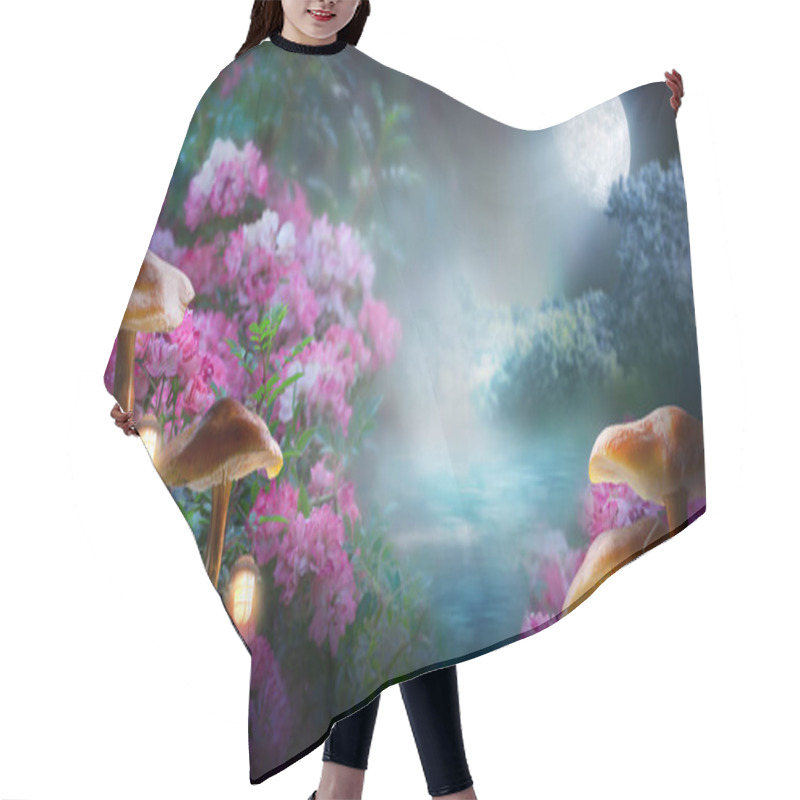 Personality  Fantasy Mushrooms With Lanterns In Magical Enchanted Fairy Tale Landscape With Forest Lake, Fabulous Fairytale Blooming Pink Rose Flower Garden On Mysterious Background, Glowing Moon Ray In Dark Night Hair Cutting Cape