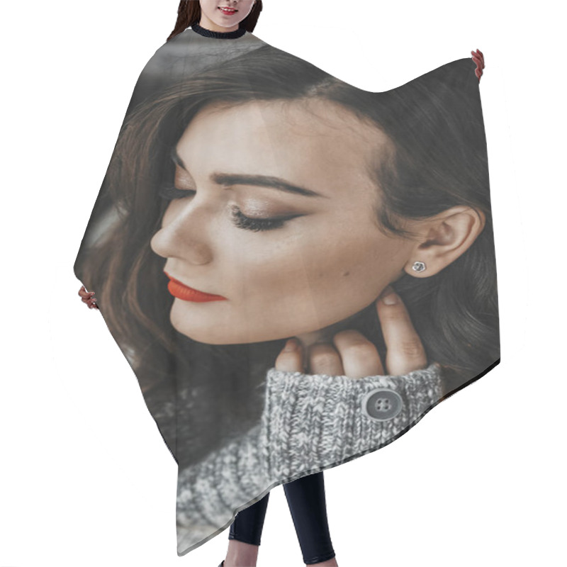 Personality  Portrait Of A Woman With Her Eyes Closed. Hair Cutting Cape