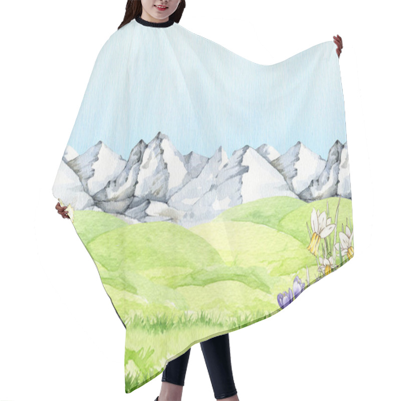 Personality  Spring Time Landscape Background. Green Grass, Blooming Flowers , Mountain Range Hand Drawn Watercolor Illustration. Background For Easter Decor, Seasonal Cards And Nature Countryside Designs. Hair Cutting Cape