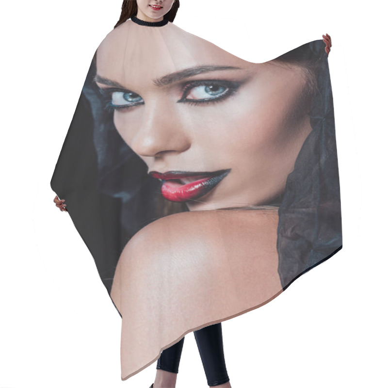 Personality  Vampire Girl In Black Gothic Dress And Veil Isolated On Black Hair Cutting Cape