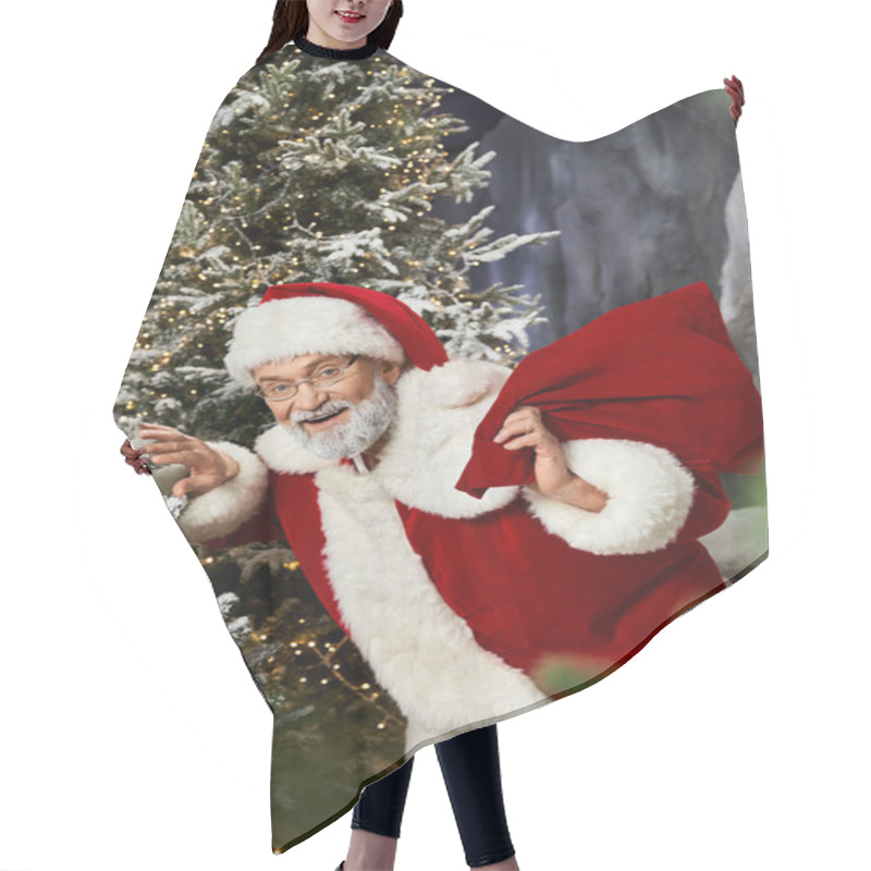 Personality  A Cheerful Figure In Red And White Spreads Joy With A Bag In A Winter Setting. Hair Cutting Cape