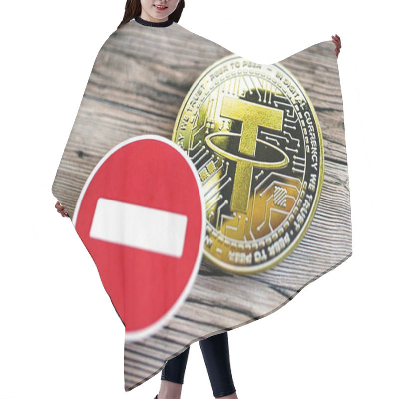 Personality  KYIV, UKRAINE - AUGUST 17, 2024 Tether USDT Coin And Red Paper Stop Sign On Wooden Background Close Up Hair Cutting Cape