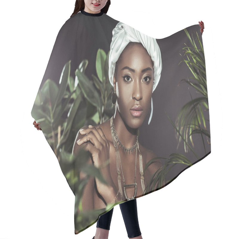 Personality  Fashionable African American Woman In White Wire Head Wrap Behind Leaves Hair Cutting Cape