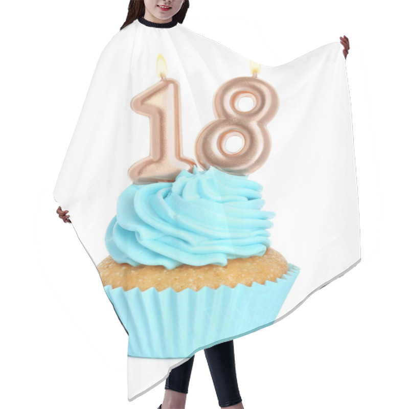 Personality  Delicious Cupcake With Number Shaped Candles On White Background. Coming Of Age Party - 18th Birthday Hair Cutting Cape