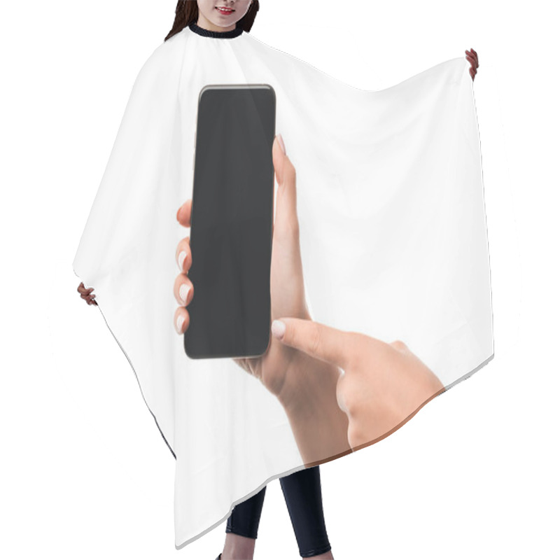 Personality  Cropped View Of Woman Pointing With Finger At Smartphone With Blank Screen Isolated On White  Hair Cutting Cape