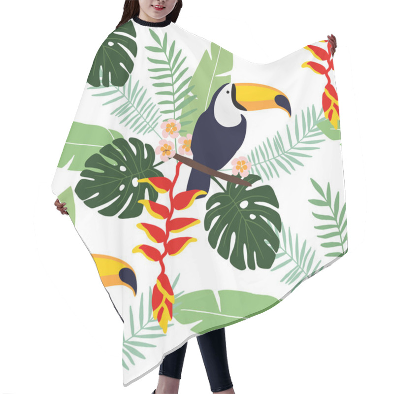 Personality  Tropical Jungle Seamless Pattern With Toucan Bird, Heliconia And Plumeria Flowers And Palm Leaves, Flat Design, Vector Hair Cutting Cape