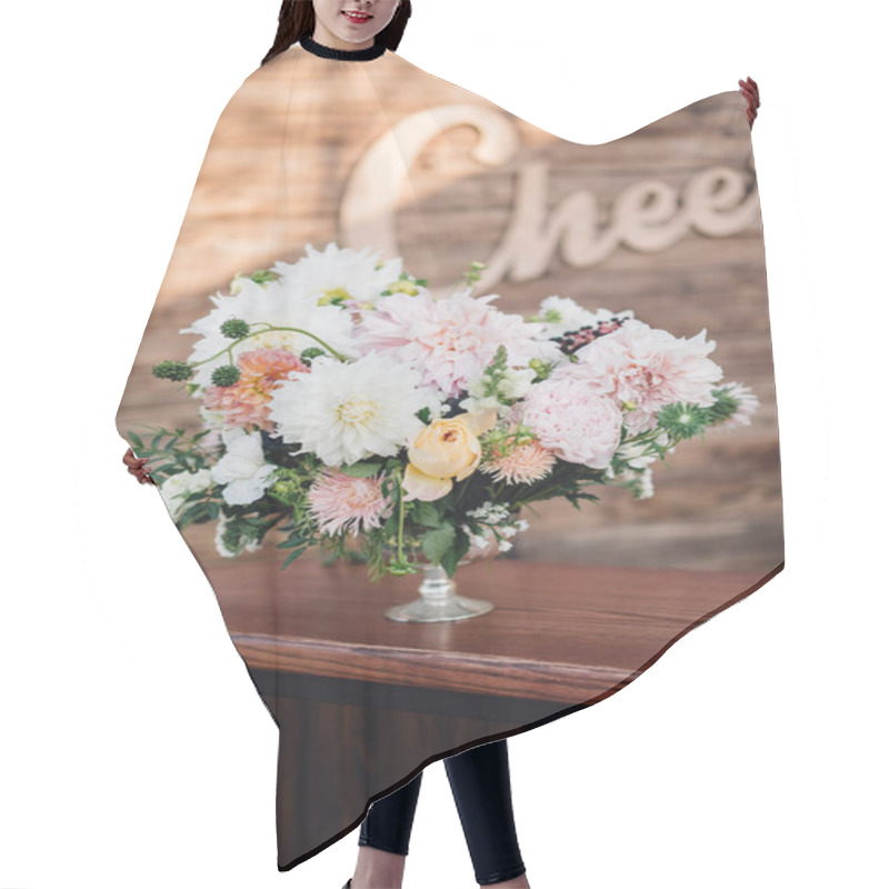 Personality  Rich Wedding Bouquet Made Of Chrysanthemums Standing On Table Hair Cutting Cape