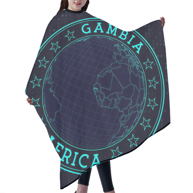 Personality  Gambia Round Sign. Futuristic Satelite View Of The World Centered To Gambia. Country Badge With Map, Round Text And Binary Background. Powerful Vector Illustration. Hair Cutting Cape