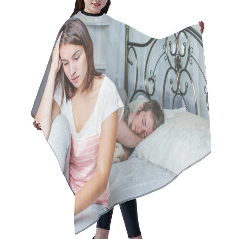 Personality  Woman Sitting On A Bed While Her Husband Is Sleeping Hair Cutting Cape