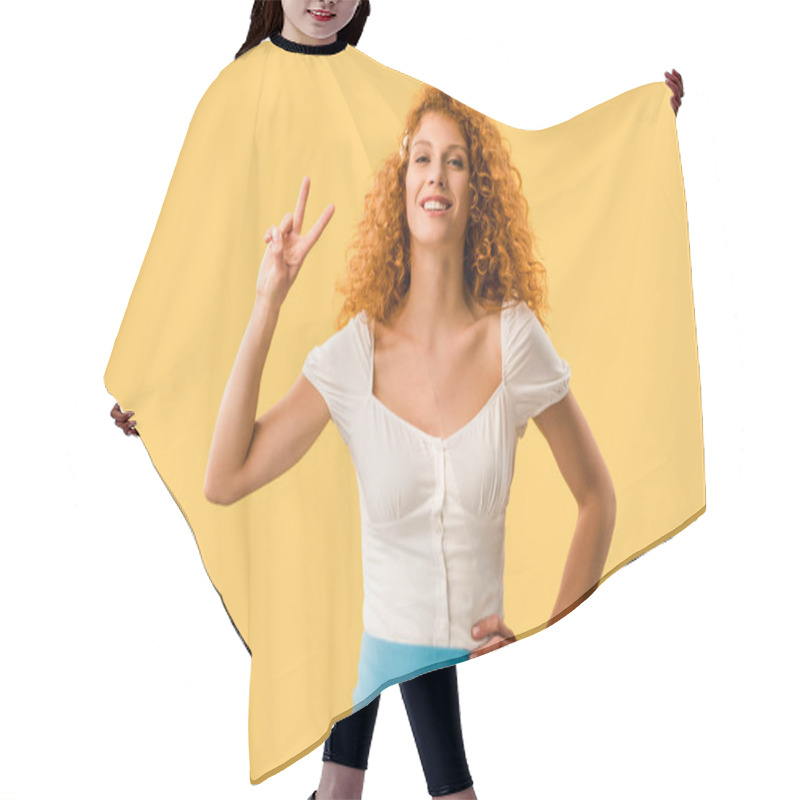 Personality  Smiling Woman With Red Hair Showing Victory Symbol Isolated On Yellow Hair Cutting Cape