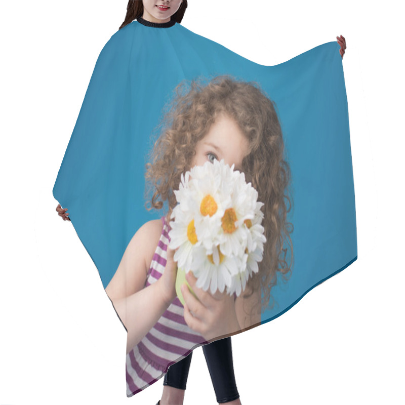 Personality  Happy Smiling Laughing Child: Girl With Curly Hair Hair Cutting Cape