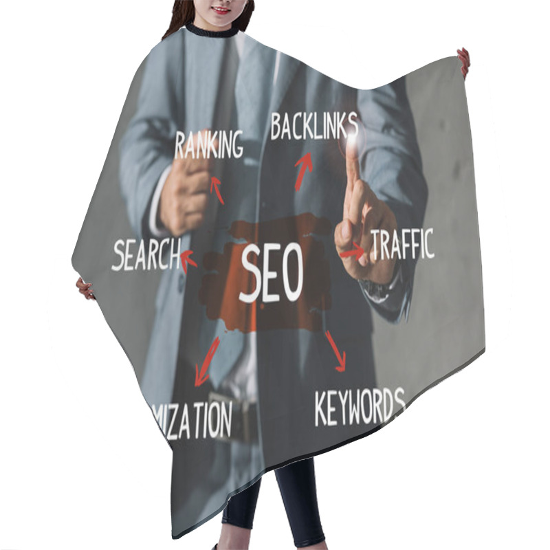 Personality  Cropped View Of Developer In Formal Wear Pointing At SEO Ideas And Plan Hair Cutting Cape