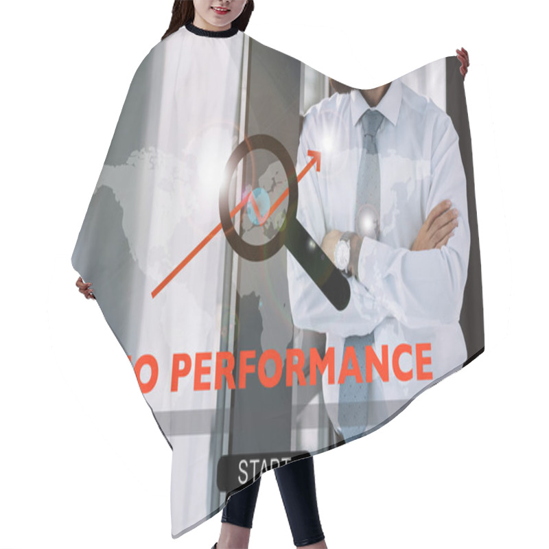 Personality  Cropped View Of Developer With Crossed Arms Standing Near Window With SEO Performance And Search Sign Hair Cutting Cape