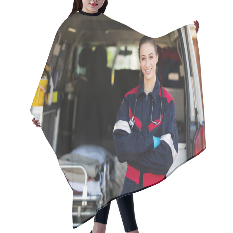 Personality  Happy Female Paramedic Hair Cutting Cape