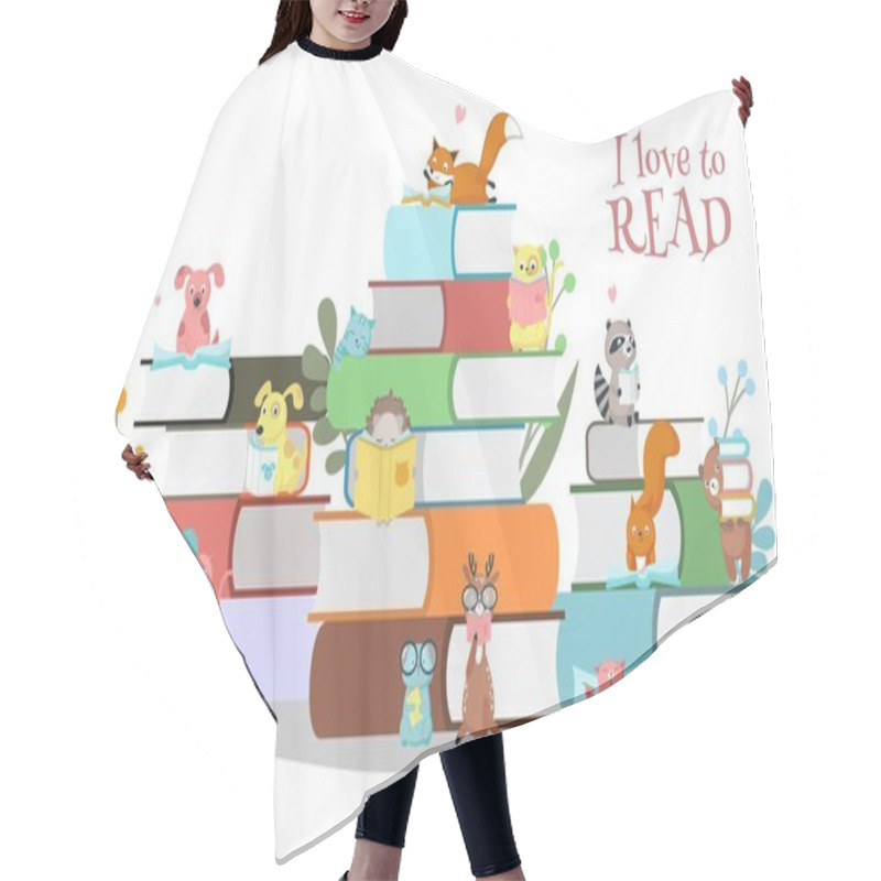 Personality  Love To Read Headline For Book Festival Poster With Cute Smart Tiny Animals Cartoon Characters Literature Fans And Textbook Stack Vector Illustration. Bookshop Promotion And Bookstore Advertising Hair Cutting Cape