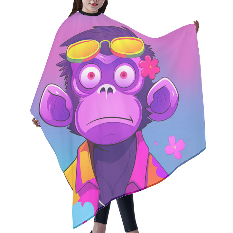 Personality  Bright Illustration Of A Monkey In Sunglasses And A Beach Shirt With Flowers. Purple Ruffled Fur, Big Pink Eyes, Round Ears, Neck Pendant, Cartoon, Cute, Eye Catching Hair Cutting Cape