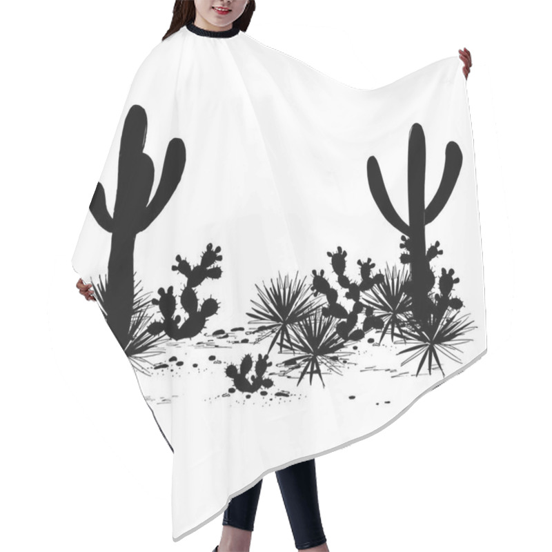 Personality  Cacti Landscape. Vector Silhouettes Of, Saguaro, Prickly Pear, And Agave. Black And White Banner, Place For Text. Mexican Background Hair Cutting Cape