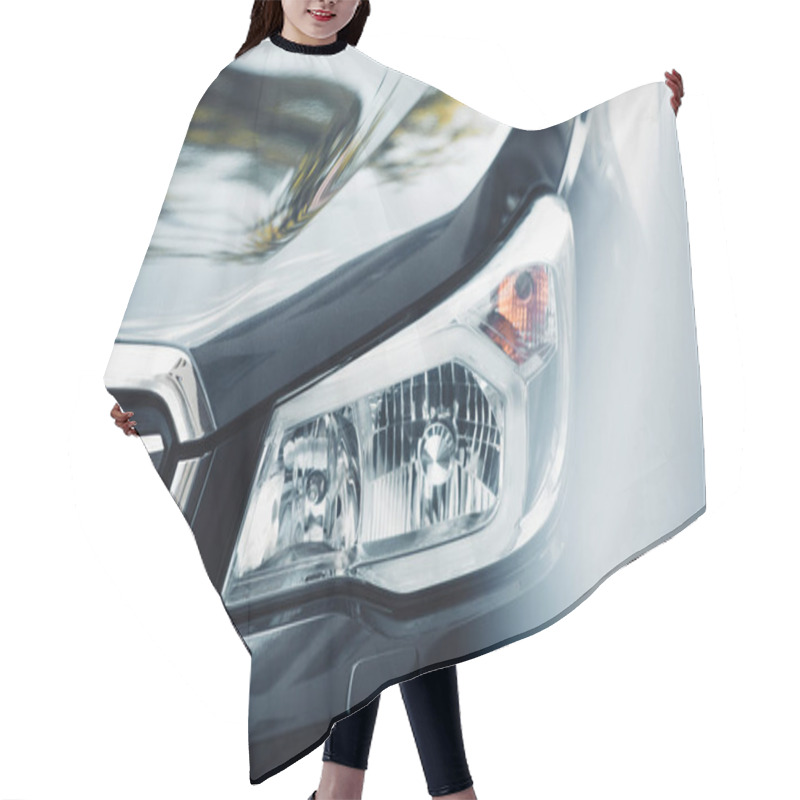 Personality  Selective Focus Of Headlamp And Capote Of Black Modern Car Hair Cutting Cape