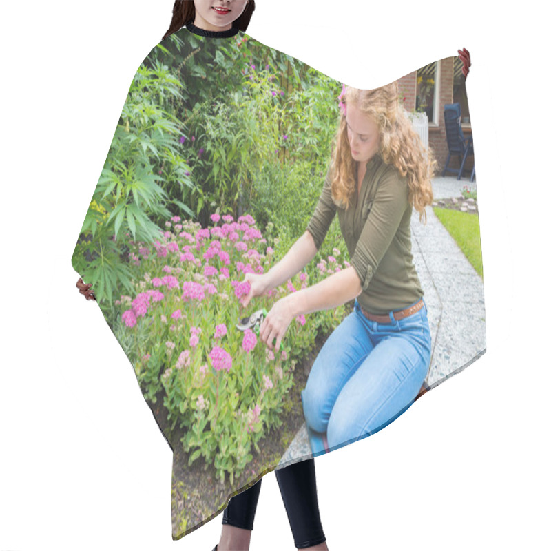 Personality  Young Caucasian Woman Pruning Sedum Flowers Hair Cutting Cape