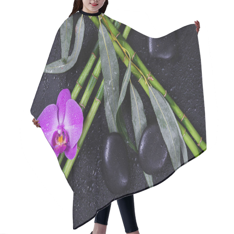 Personality  Spa Concept With Black Basalt Massage Stones, Pink Orchid Flower And A Few Stems Of Lucky Bamboo Covered With Water Drops On A Black Background; With Space For Text Hair Cutting Cape