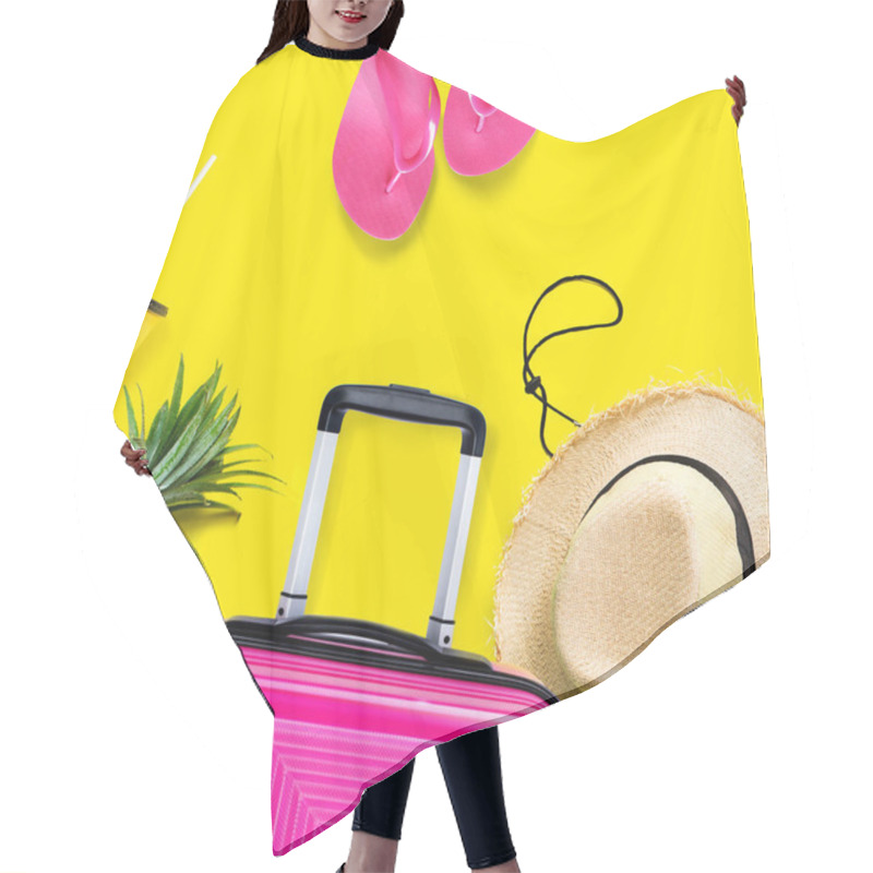 Personality  Travel Set Fuchsia Suitcase Straw Hat Pineapple Slippers Paper Cup Isolated Yellow Background. Trunk Luggage Concept Summer Holiday Adventure Trip Flat Lay Collage Hair Cutting Cape