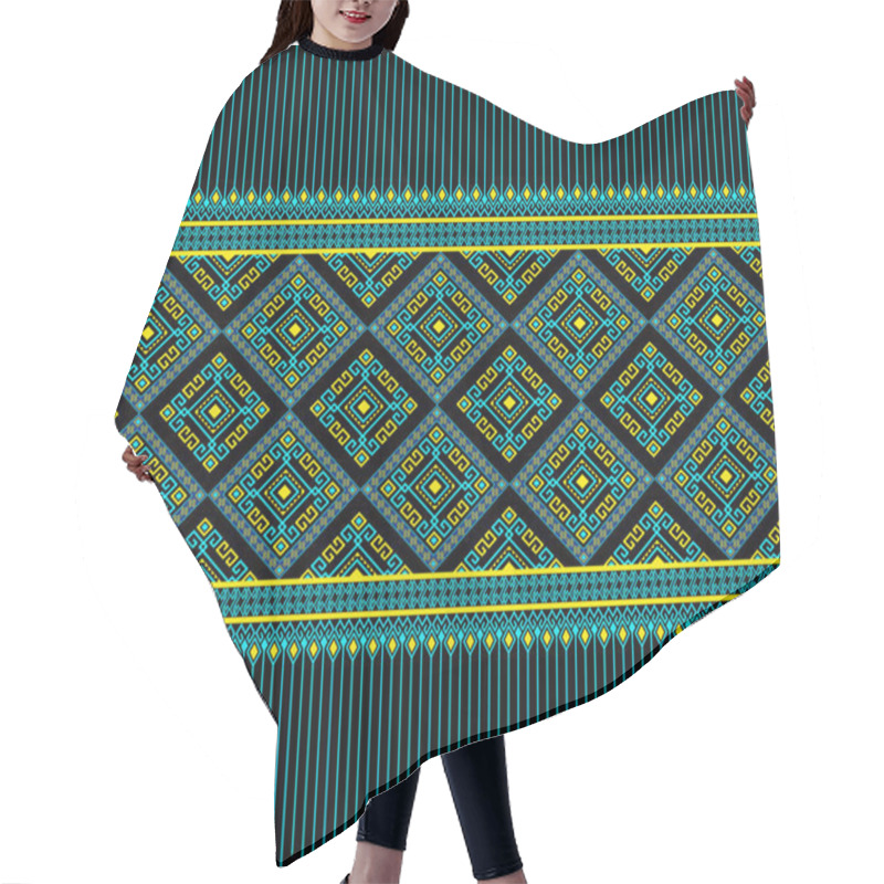 Personality  Turquoise Yellow Ethnic Or Tribe Seamless Pattern On Black Background In Symmetry Rhombus Geometric Bohemian Style For Clothing Or Apparel,Embroidery,Fabric,Package Design Hair Cutting Cape