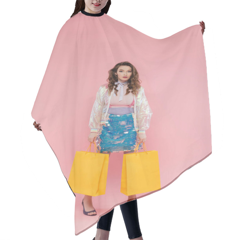 Personality  Attractive Woman Carrying Shopping Bags On Pink Background, Concept Photography, Consumerism, Stylish Outfit, Young Model In Skirt With Sequins And Transparent Jacket Looking At Camera Hair Cutting Cape