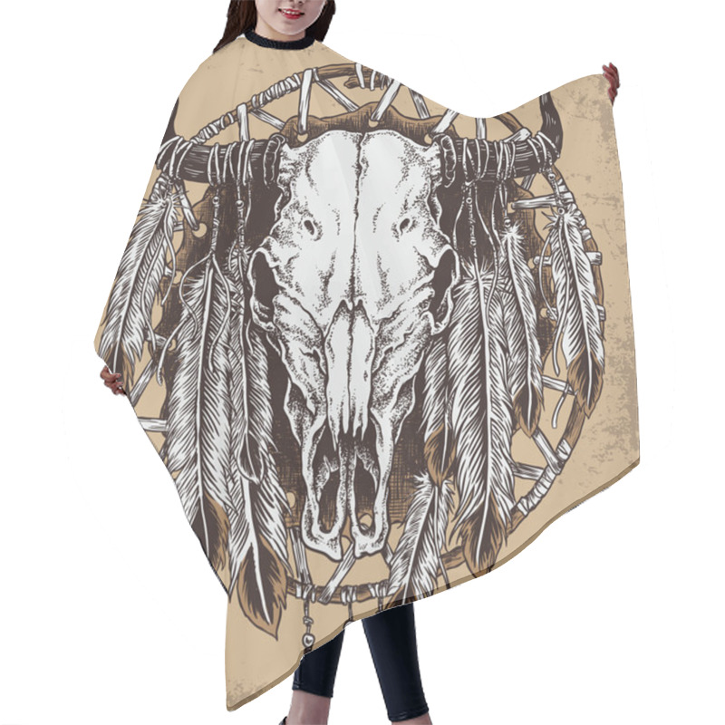 Personality  Hand Drawn Cow Skull And Feathers Illustration. Hair Cutting Cape