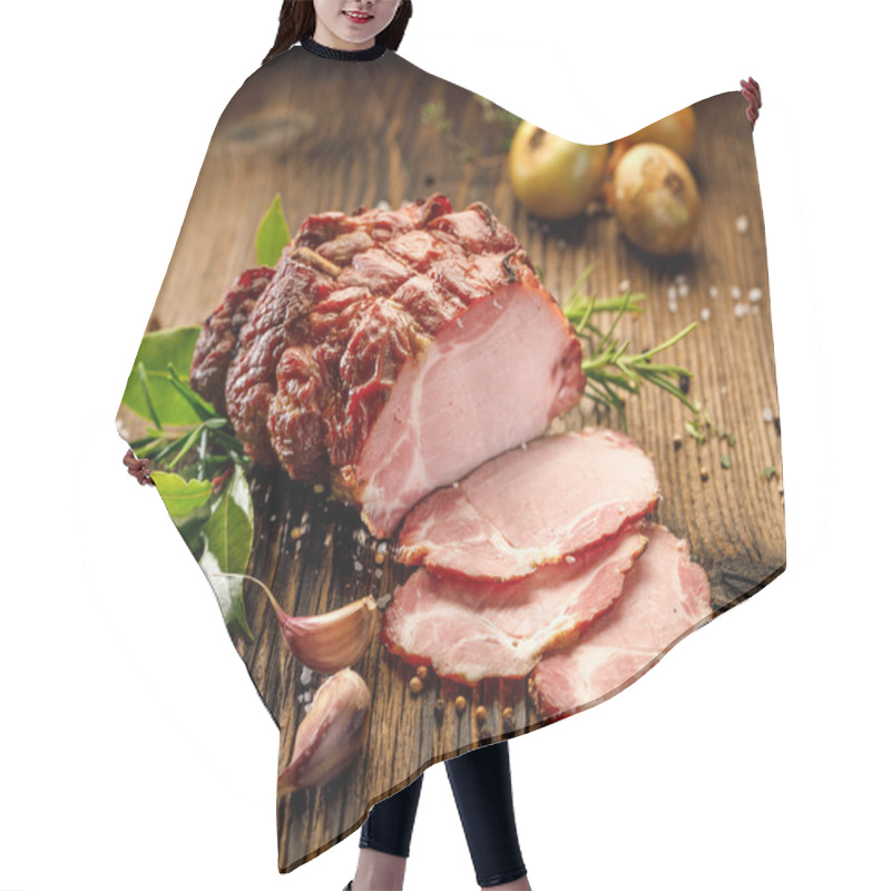 Personality  Sliced Smoked Gammon On A Wooden  Table With Addition Of Fresh  Herbs And Aromatic Spices.   Natural Product From Organic Farm, Produced By Traditional Methods Hair Cutting Cape