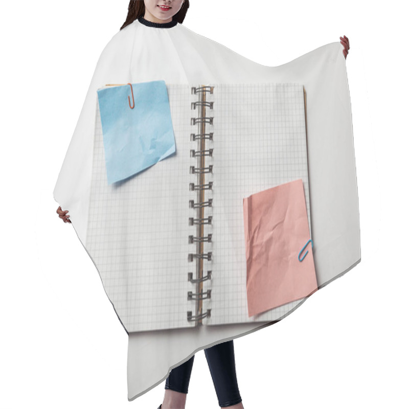 Personality  Top View Of Opened Notebook With Squared Papers And Crumpled Blue And Pink Sticky Notes On White Background Hair Cutting Cape