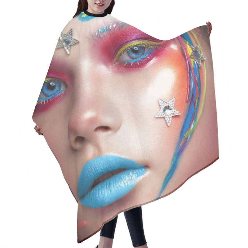 Personality  Beautiful Girl With Creative Make-up In Pop Art Style. Beauty Face. Hair Cutting Cape