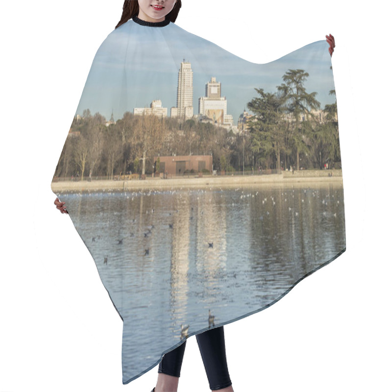 Personality  View Of The Lake Of The Casa De Campo With Two Skyscrapers In The Background In Madrid. Spain Hair Cutting Cape