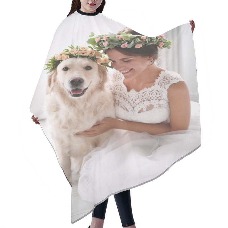 Personality  Bride And Adorable Golden Retriever Wearing Wreath Made Of Beautiful Flowers Indoors Hair Cutting Cape