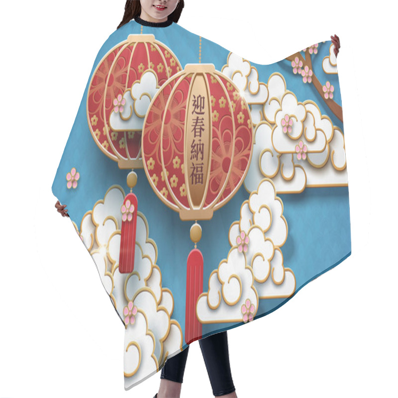 Personality  May You Welcome Happiness With The Spring Written In Hanzi On Hanging Lanterns, Lunar New Year Design On Blue Sky Background Hair Cutting Cape