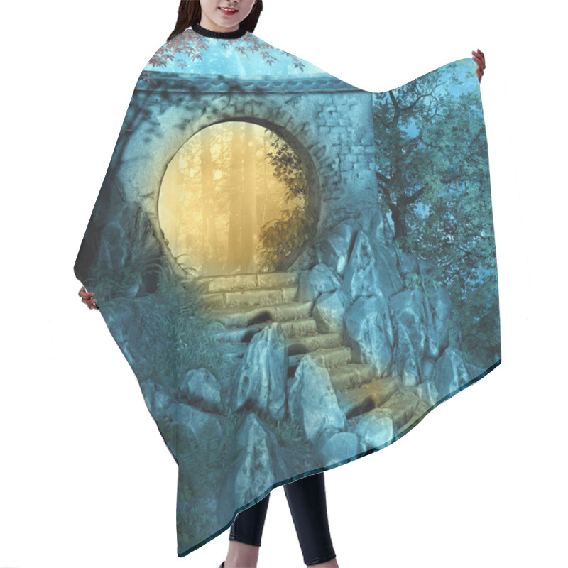 Personality  Travel With Your Fantasy Concept Portrayed By A Secret Gate In The Woods Hair Cutting Cape