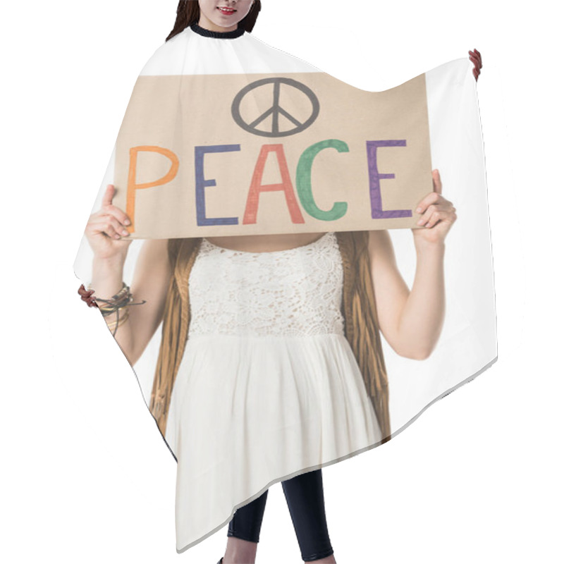 Personality  Pregnant Hippie Woman Holding Placard With Inscription Isolated On White Hair Cutting Cape