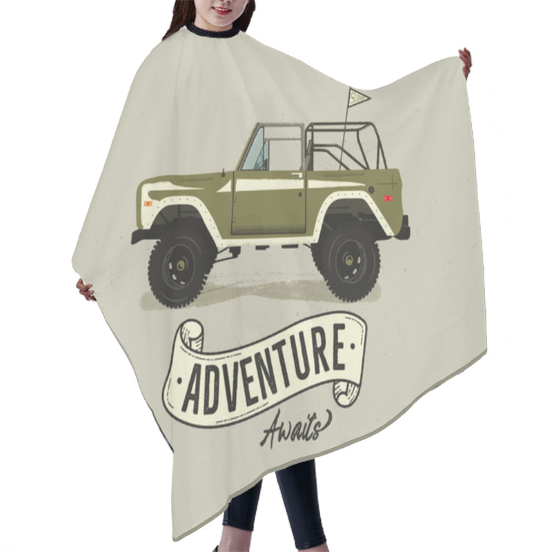 Personality  Vintage Hand Drawn Surfing Car. Retro Transportation With Surf Pennant. Old Style Surfers Automobile. Perfect For T-Shirt, Travel Mugs And Other Outdoor Adventure Apparel Prints. Stock Vector Isolated Hair Cutting Cape