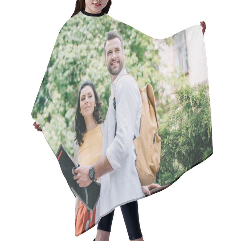 Personality  Happy Bearded Man Holding Map Near Attractive Woman  Hair Cutting Cape