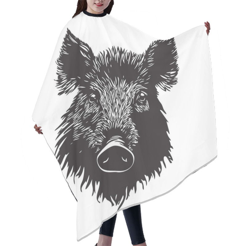 Personality  A Detailed, Black And White Illustration Of A Wild Boar Head, Showcasing Its Powerful Features And Intricate Details. Wildlife Animals. Hair Cutting Cape