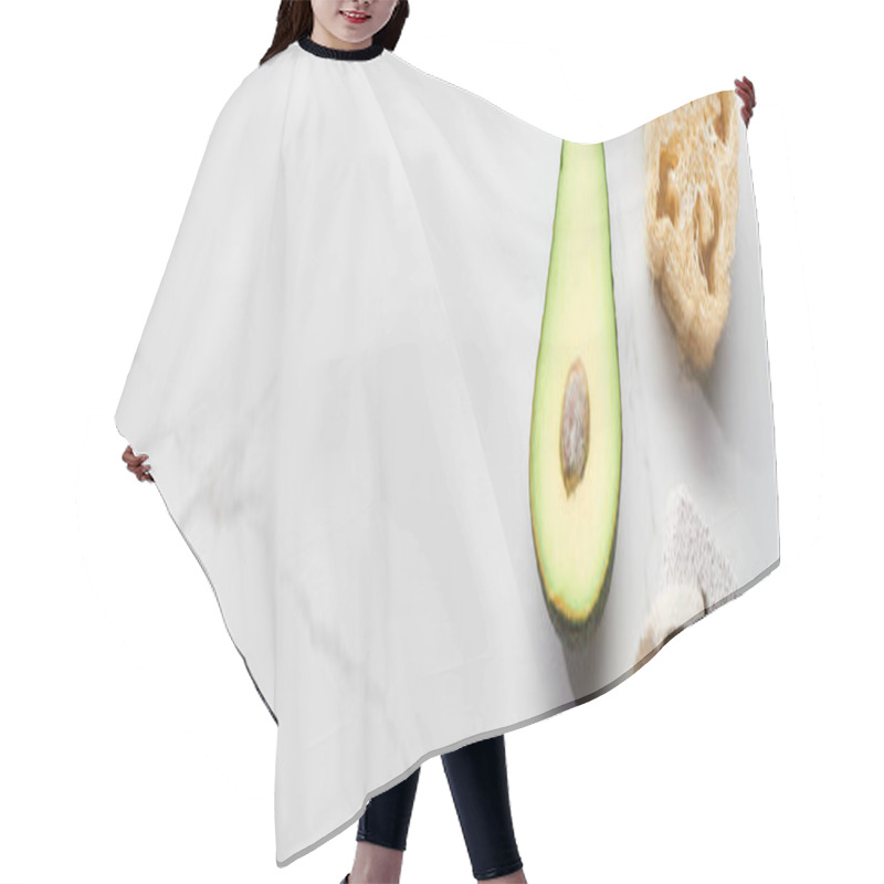 Personality  Panoramic Shot Of Half Of Avocado, Loofah And Pumice Stone On Marble Surface Hair Cutting Cape