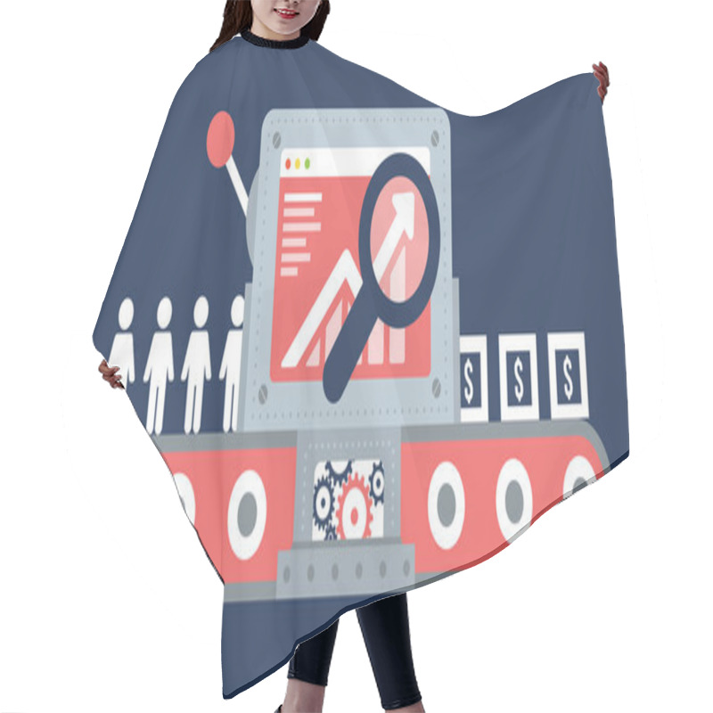 Personality  Conversion Rate Illustration With Computer And Conveyor Line Hair Cutting Cape